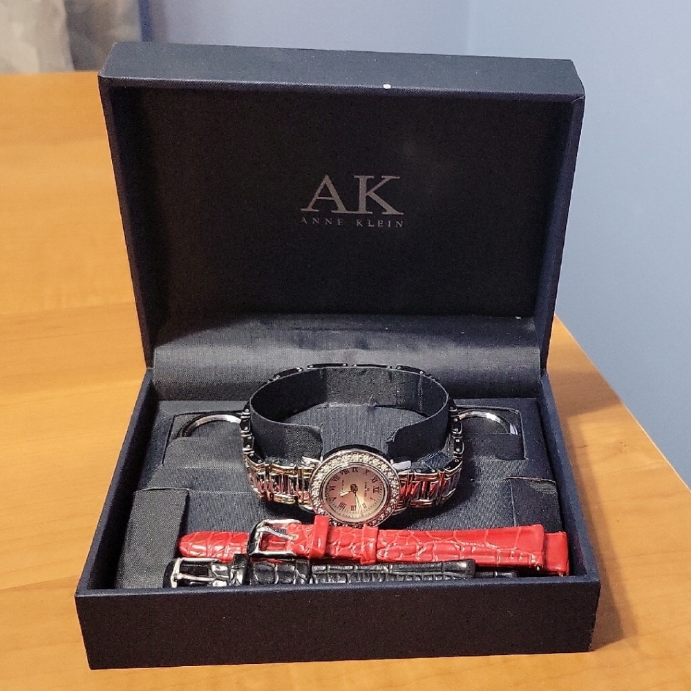 Anne Klein Silver Watch with Black and Red Straps